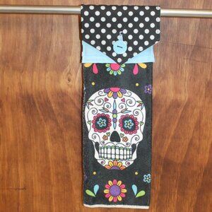 MEXICAN SUGAR SKULL HAND TOWEL BLACK & LIGHT BLUE HANDMADE HANGING KITCHEN TOWEL